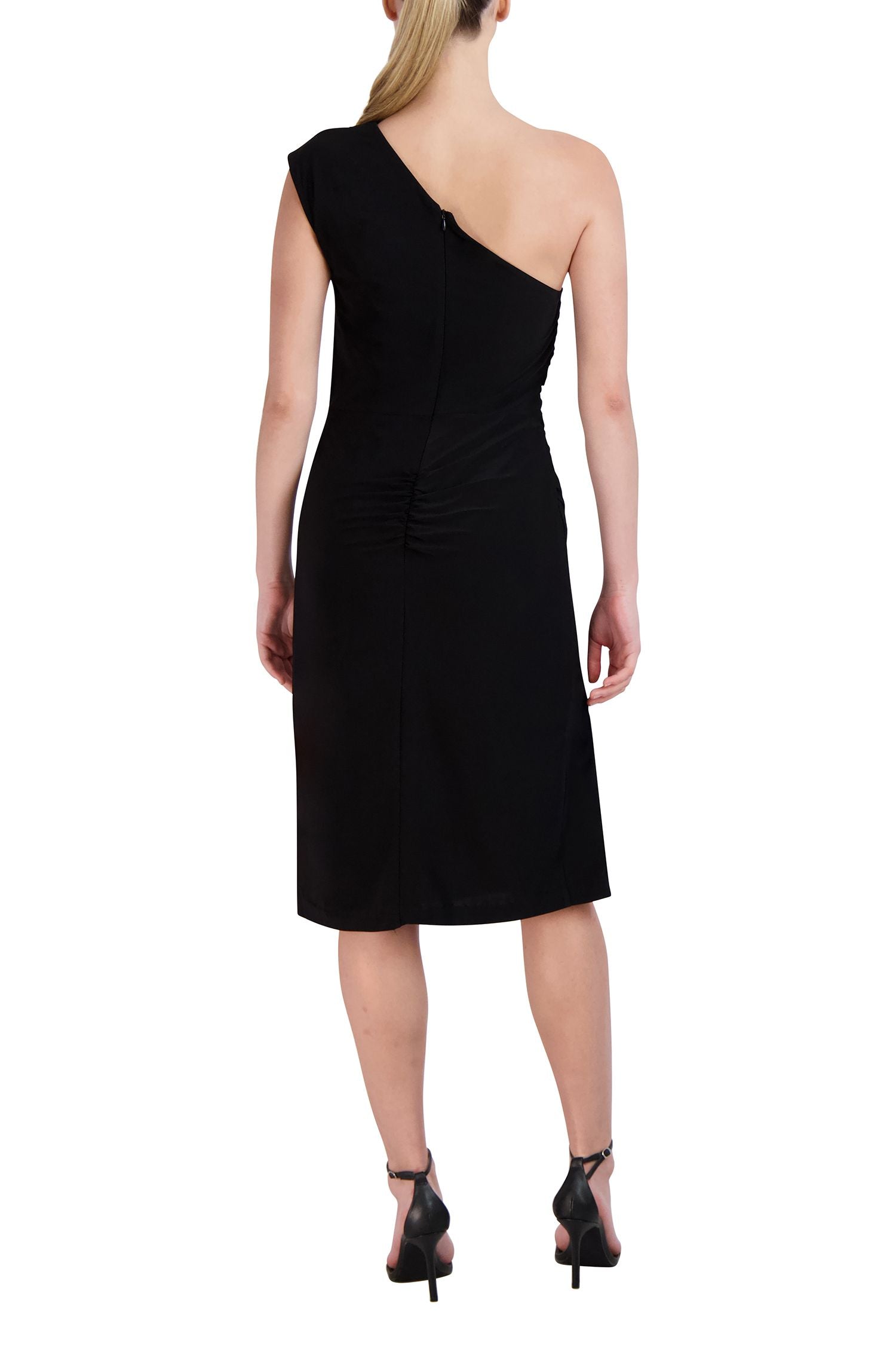 Laundry One Shoulder Sleeveless Gathered Side Zipper Back Solid Sheath ITY Dress | Available at Curated Brands in Los Angeles Laundry One Shoulder Sleeveless Gathered Side Zipper Back Solid Sheath ITY Dress | Available at Curated Brands in Los Angeles