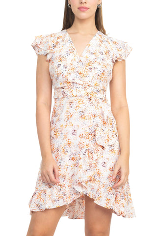 Laundry V-Neck Flutter Sleeve Tie Waist Ruffled Hem A-Line Zipper Back Twill Dress | Available at Curated Brands in Los Angeles Laundry V-Neck Flutter Sleeve Tie Waist Ruffled Hem A-Line Zipper Back Twill Dress | Available at Curated Brands in Los Angeles