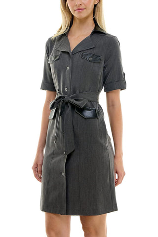 Sharagano Notched Collar Short Roll Tab Sleeve Button Closure Belted Matte Jersey Dress - CHARCOAL - Side