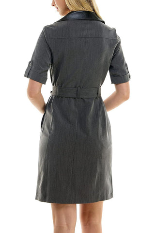 Sharagano Notched Collar Short Roll Tab Sleeve Button Closure Belted Matte Jersey Dress - CHARCOAL - Back