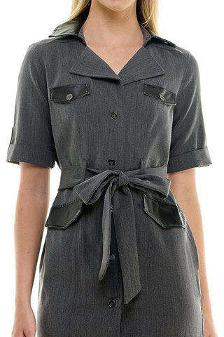 Sharagano Notched Collar Short Roll Tab Sleeve Button Closure Belted Matte Jersey Dress - CHARCOAL - Fabric