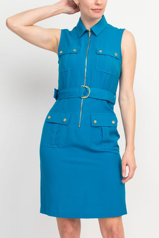 Sharagano Belted Zip Front Dress Blue Curacao_Front View