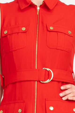 Sharagano Belted Zip Front Dress Pure Red_Detailed View