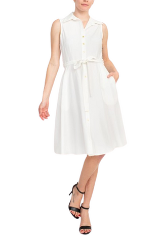 Sharagano Rayon Sleeveless Button Down Collar Shirt Dress With Pockets - Ivory - Front