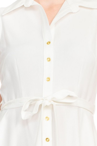 Sharagano Rayon Sleeveless Button Down Collar Shirt Dress With Pockets - Ivory - Detail