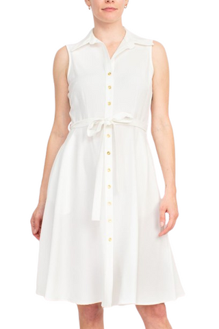 Sharagano Rayon Sleeveless Button Down Collar Shirt Dress With Pockets - Ivory - Front