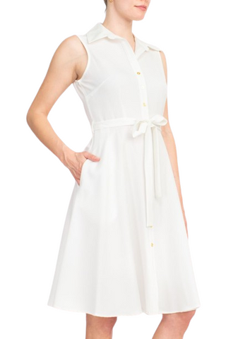Sharagano Rayon Sleeveless Button Down Collar Shirt Dress With Pockets - Ivory - Side