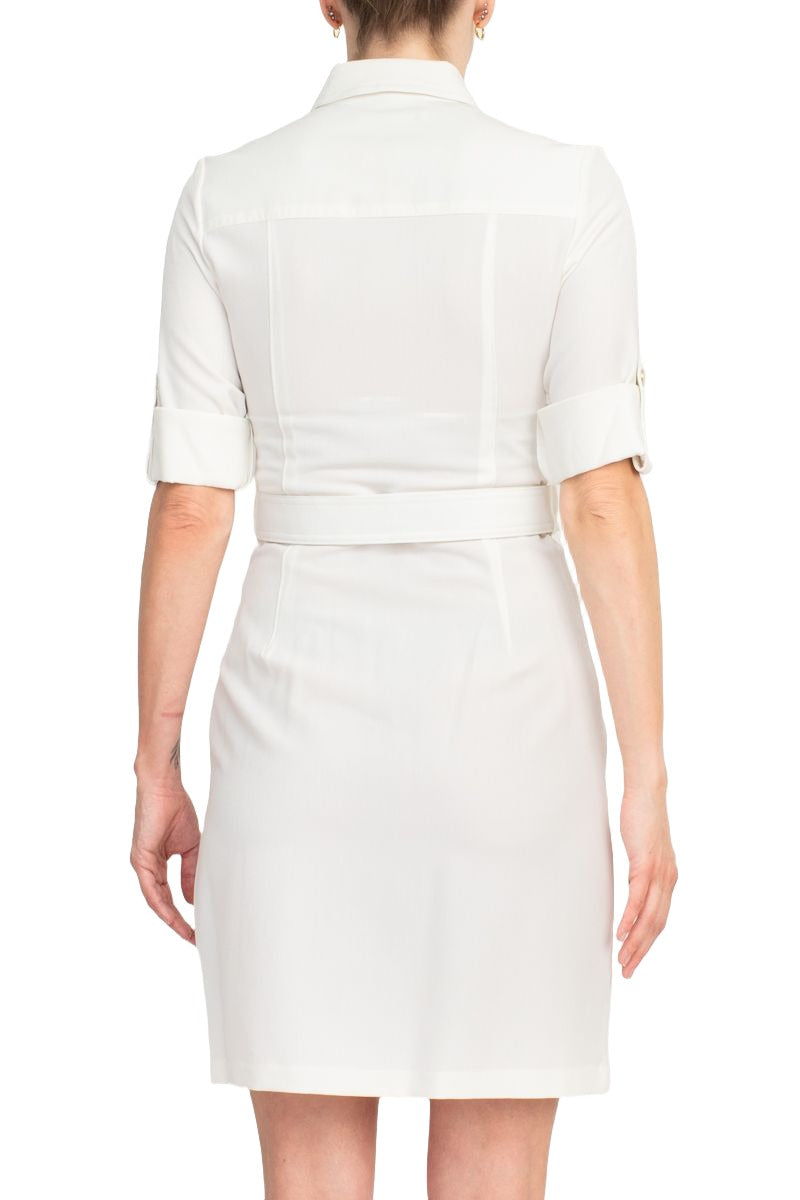 sharagano dress Sharagano Collared Short Sleeve Zipper Front Belted Solid Rayon Dress