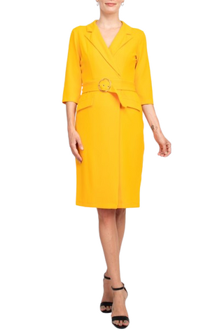 Sharagano Notched Collar 3/4 Sleeve Solid Belted Stretch Crepe Dress - Apricot - Front