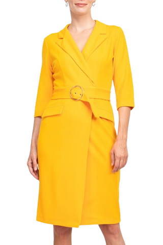 Sharagano Notched Collar 3/4 Sleeve Solid Belted Stretch Crepe Dress - Apricot - Front