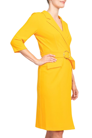 Sharagano Notched Collar 3/4 Sleeve Solid Belted Stretch Crepe Dress - Apricot - Side