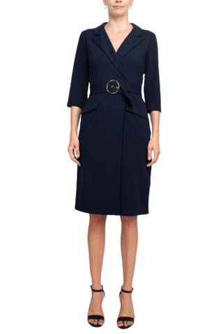 Sharagano Notched Collar 3/4 Sleeve Solid Belted Stretch Crepe Dress - Navy - Front