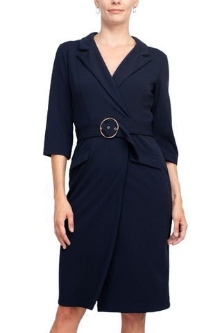 Sharagano Notched Collar 3/4 Sleeve Solid Belted Stretch Crepe Dress - Navy - Front