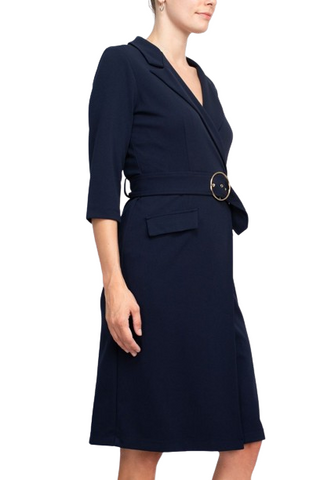 Sharagano Notched Collar 3/4 Sleeve Solid Belted Stretch Crepe Dress - Navy - Side