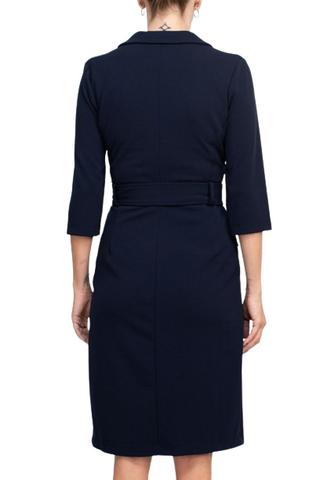 Sharagano Notched Collar 3/4 Sleeve Solid Belted Stretch Crepe Dress - Navy - Back