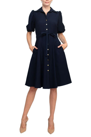 Sharagano Collared Short Sleeve Button Front Closure Tie Waist Solid Stretch Crepe Dress With Pockets - Dark Navy - Front