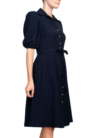 Sharagano Collared Short Sleeve Button Front Closure Tie Waist Solid Stretch Crepe Dress With Pockets - Dark Navy - Side