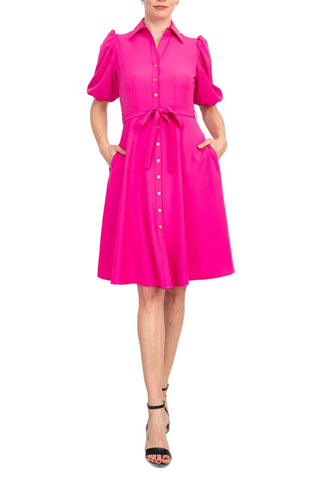 Sharagano Collared Short Sleeve Button Front Closure Tie Waist Solid Stretch Crepe Dress With Pockets - Precious Pink - Front
