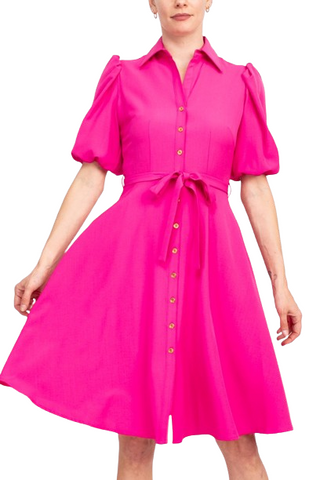 Sharagano Collared Short Sleeve Button Front Closure Tie Waist Solid Stretch Crepe Dress With Pockets - Precious Pink - Front