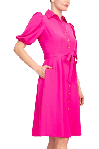 Sharagano Collared Short Sleeve Button Front Closure Tie Waist Solid Stretch Crepe Dress With Pockets - Precious Pink - Side