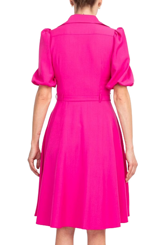 Sharagano Collared Short Sleeve Button Front Closure Tie Waist Solid Stretch Crepe Dress With Pockets - Precious Pink - Back
