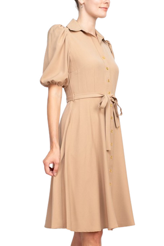 Sharagano Collared Short Sleeve Button Front Closure Tie Waist Solid Stretch Crepe Dress With Pockets - Toasty Sand - Side