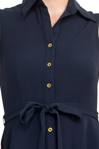 Sharagano Rayon Sleeveless Button Down Collar Shirt Dress With Pockets - DEEP NAVY - Detail
