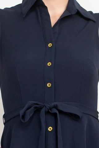 Sharagano Rayon Sleeveless Button Down Collar Shirt Dress With Pockets - Deep Navy - Detail