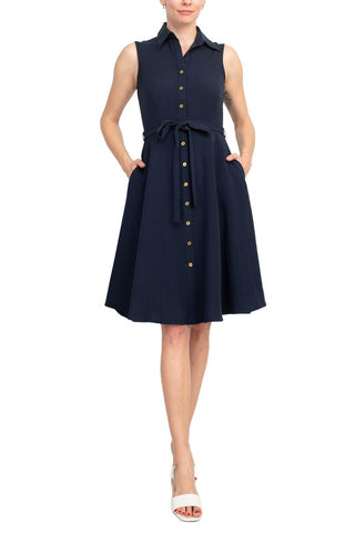 Sharagano Rayon Sleeveless Button Down Collar Shirt Dress With Pockets - Deep Navy - Front