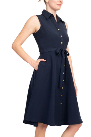 Sharagano Rayon Sleeveless Button Down Collar Shirt Dress With Pockets - Deep Navy - Side