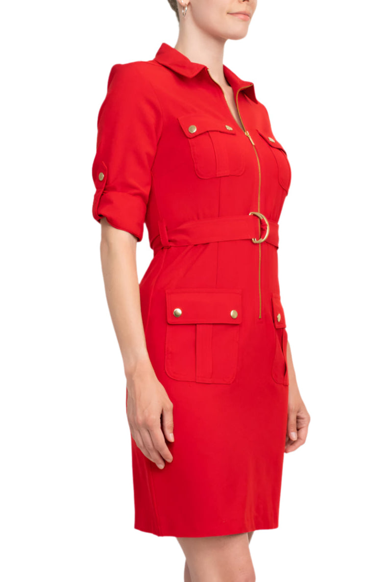 Sharagano Collared Short Sleeve Zipper Front Belted Solid Rayon Dress Sharagano Collared Short Sleeve Zipper Front Belted Solid Rayon Dress