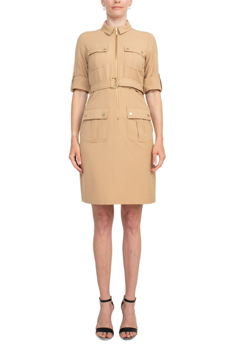 sharagano dress Sharagano Collared Short Sleeve Zipper Front Belted Solid Rayon Dress