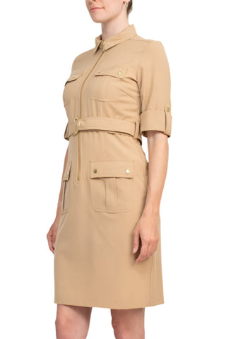 Sharagano Collared Short Sleeve Zipper Front Belted Solid Rayon Dress