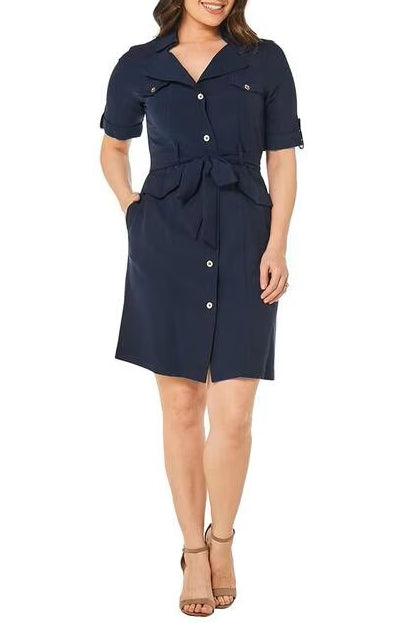 Sharagano Collared Short Sleeve Button Down Belt Hoop Tie Waist Rayon Dress Sharagano Collared Short Sleeve Button Down Belt Hoop Tie Waist Rayon Dress
