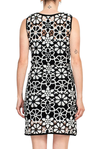 Taylor Sleeveless Crochet Lace Sheath Dress - Black White - Back