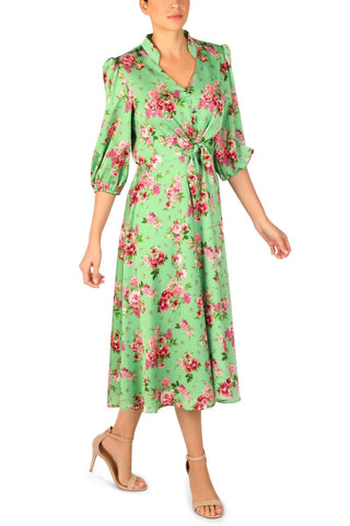 Julia Jordan Floral-Print Tie-Waist Midi Charmeuse Dress - Green Multi - Side