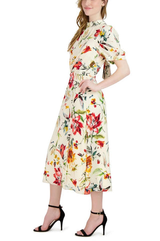 Julia Jordan Floral Mock Neck Linen Dress - Ivory Multi - Side
