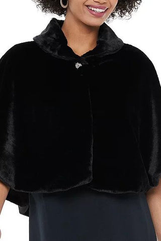 Nina Leonard Collared Cap Sleeve One Button Closure Solid Faux Fur Jacket - Black - Front