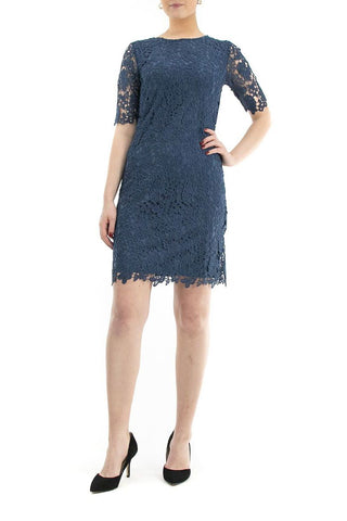 Nina Leonard Crew Neck 3/4 Sleeve Bodycon Zipper Back Floral Lace Dress