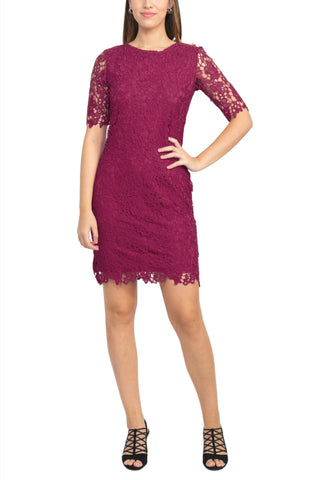 Nina Leonard Crew Neck 3/4 Sleeve Bodycon Zipper Back Floral Lace Dress