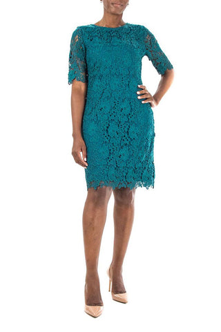 Nina Leonard Crew Neck 3/4 Sleeve Bodycon Zipper Back Floral Lace Dress