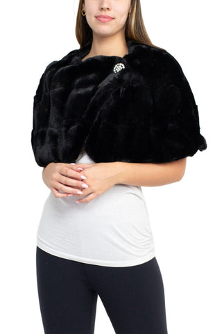 Nina Leonard Crew Neck Cape Sleeve Embellished One Button Solid Faux Fur - Black - Front