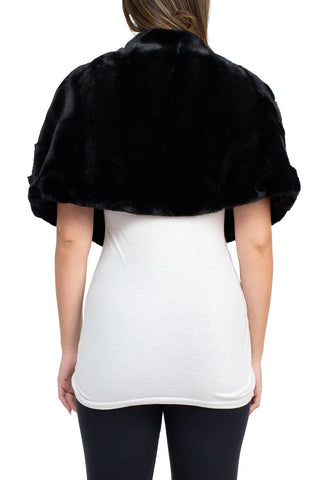 Nina Leonard Crew Neck Cape Sleeve Embellished One Button Solid Faux Fur - Black - Back