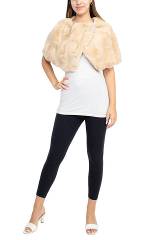 Nina Leonard Crew Neck Cape Sleeve Embellished One Button Solid Faux Fur - Toffee - Full view