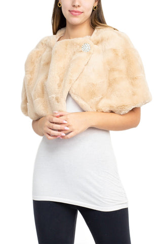 Nina Leonard Crew Neck Cape Sleeve Embellished One Button Solid Faux Fur - Toffee - Front