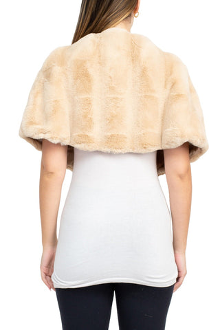 Nina Leonard Crew Neck Cape Sleeve Embellished One Button Solid Faux Fur - Toffee - Back