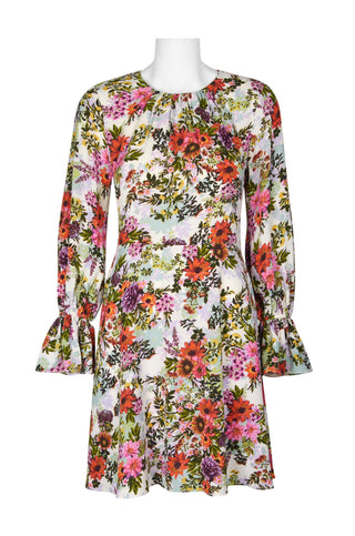 London Times Pleated Crew Neck Circular Flounce Sleeve Flutter Floral Print Polyester Dress