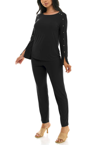 Nina Leonard scoop neck embellished shoulder long sleeve with elastic waist pant - BLACK - Front full view