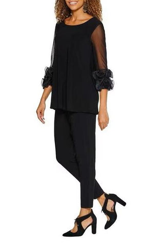 Nina Leonard Boat Neck Ruffled Cuff Illusion Sleeve Jersey Top With Elastic Waist Pant (Pant Set) - Black - Side View