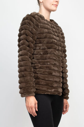 Nina Leonard crew neck hook closure long sleeve ribbed faux fur jacket
